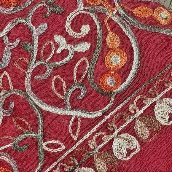 SPRING BOHO Scarf Womens 28” X 70” Red Floral Embroidered Tassled Pom Pom Wrap - Picture 3 of 5